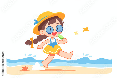 Cute toddler wearing colorful beachwear holding popsicle joyfully photo