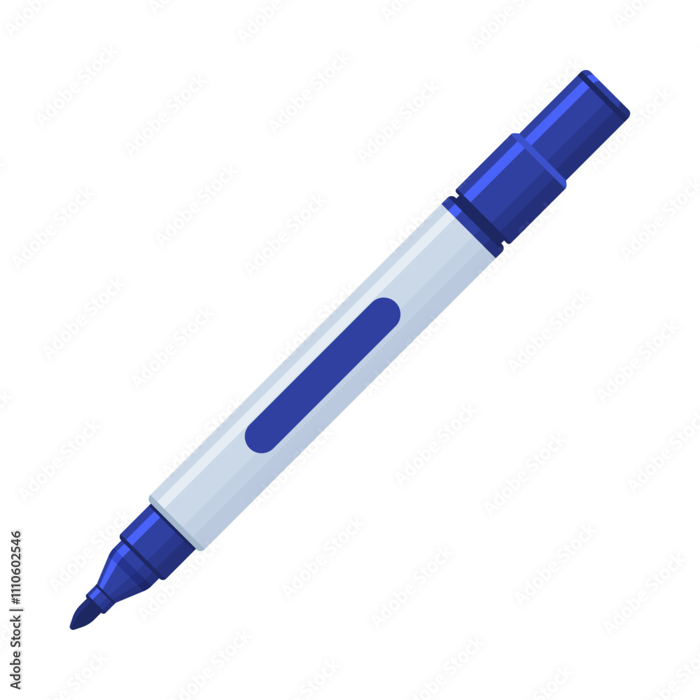 Navy blue whiteboard permanent marker pen with cap off. School supplies, stationery, drawing, writing tool concept. Flat vector illustration isolated on a white background with copy space	
