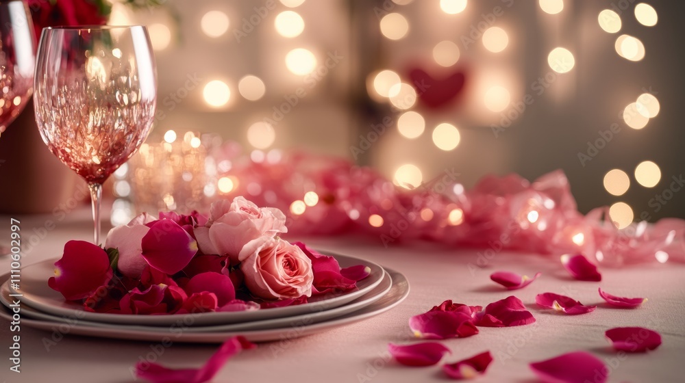 Romantic dinner setting with roses and wine glasses in soft focus, warm evening glow. Romantic ambiance and love concept Romantic dinner setting with roses and wine glasses in soft focus, warm evening glow. Romantic ambiance and love concept