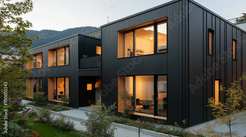 odern Scandinavian townhouses with natural wooden cladding and sleek black facades, embodying minimalist design and harmonious integration of nature and architecture.
