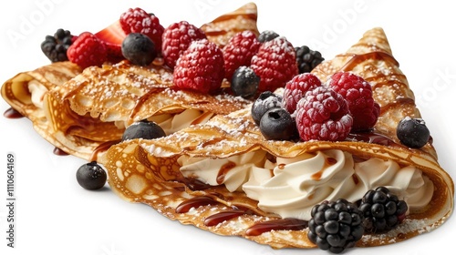 Thin, French, and utterly delicious, featuring deliciously filled crepes, loaded with fresh fruit and whipped cream, beautifully presented on a pristine white side view 
