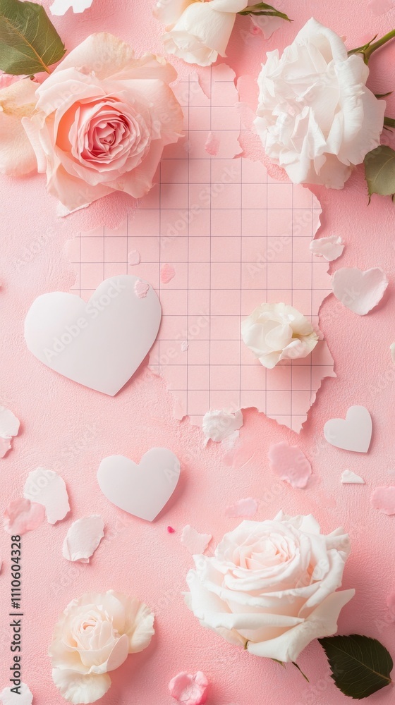 Pink roses and paper hearts on soft pink background, romantic floral arrangement. Valentine's day concept Pink roses and paper hearts on soft pink background, romantic floral arrangement. Valentine's day concept
