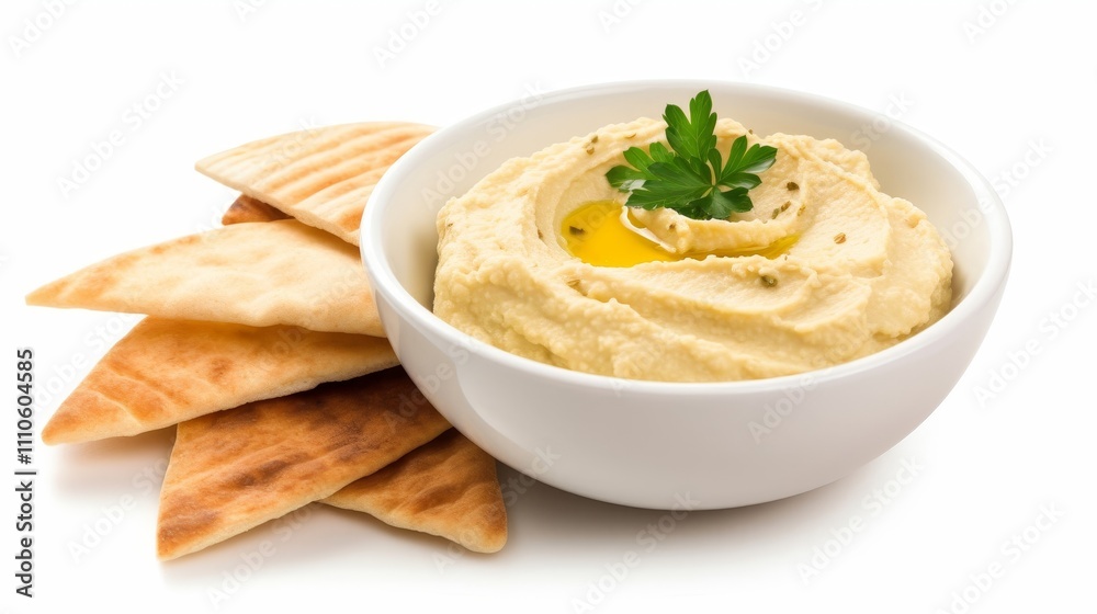A bowl of hummus with pita beard isolated on white background A bowl of hummus with pita beard isolated on white background