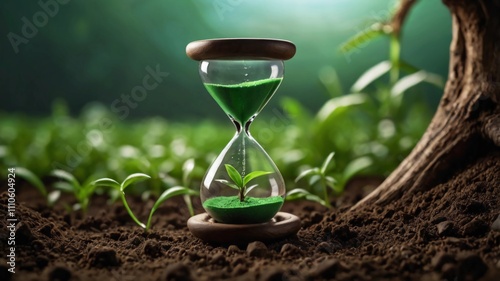 Hourglass with drop to green plant planting on dry land isolated background, metaphoric of saving water, Drought and Climate change.