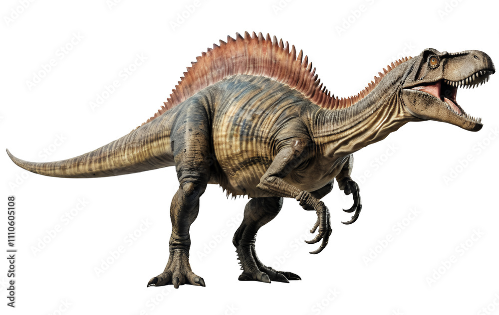 A detailed 3D rendering of a Spinosaurus, a large theropod dinosaur with a sail on its back, shown in a side profile, against a black background. A detailed 3D rendering of a Spinosaurus, a large theropod dinosaur with a sail on its back, shown in a side profile, against a black background.