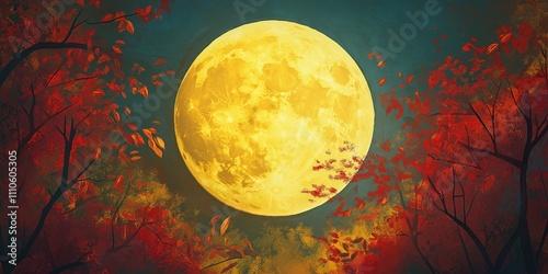 Yellow moon is in the sky above a forest of trees with red leaves