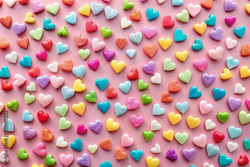 Aerial View of a Colorful Heart Pattern on a Soft Pink Background, Perfect for Romantic Themes, Valentine's Day, or Whimsical Designs, Ideal for Digital and Print Use
