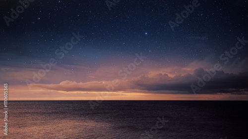 Sunset ocean view landscape with a orange cloudy sky, 3d illustration of an red sun over the sea with beautiful horizon for desktop wallpaper
