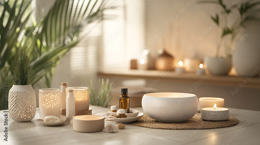 Relaxing Spa Setup with Candles and Essential Oils for a Soothing and Tranquil Experience