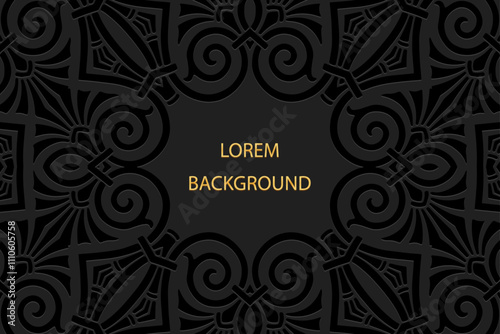 Ethnic black lorem ipsum background, tribal cover design, banner. Geometric abstract 3d pattern, embossing, place for text. Ornaments of the East, Asia, India, Mexico in the style of artistic boho.
