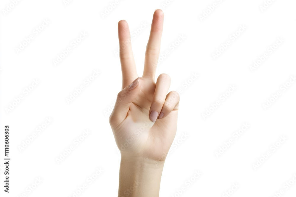 Female hand is showing victory sign or peace symbol with two fingers up isolated on white background, counting gesture, agreement or peace concept Female hand is showing victory sign or peace symbol with two fingers up isolated on white background, counting gesture, agreement or peace concept