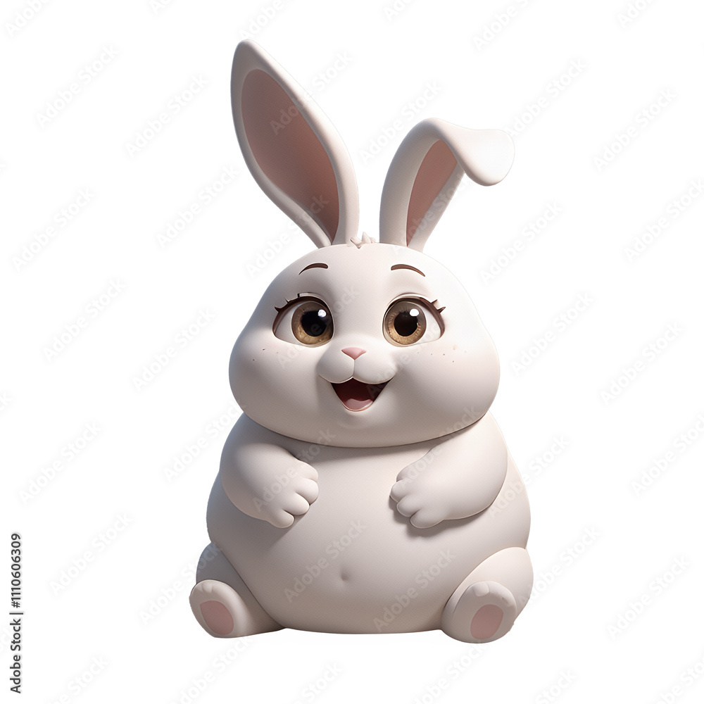 Obraz premium Adorable cartoon bunny rabbit, fluffy, white fur, sitting, happy expression, large eyes.