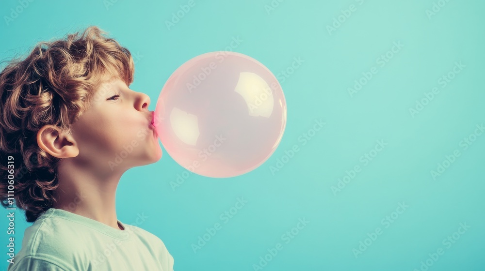 Young boy blowing pink bubblegum against blue background, childhood fun and play concept Young boy blowing pink bubblegum against blue background, childhood fun and play concept