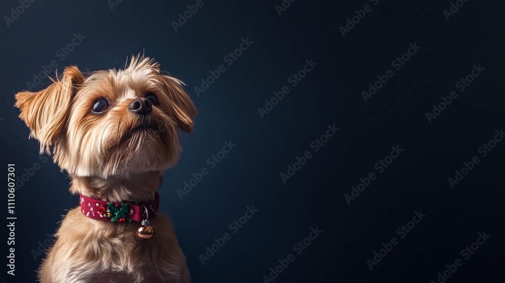 Small brown dog with red christmas collar against dark background, studio shot. Pet portrait and companionship concept Small brown dog with red christmas collar against dark background, studio shot. Pet portrait and companionship concept