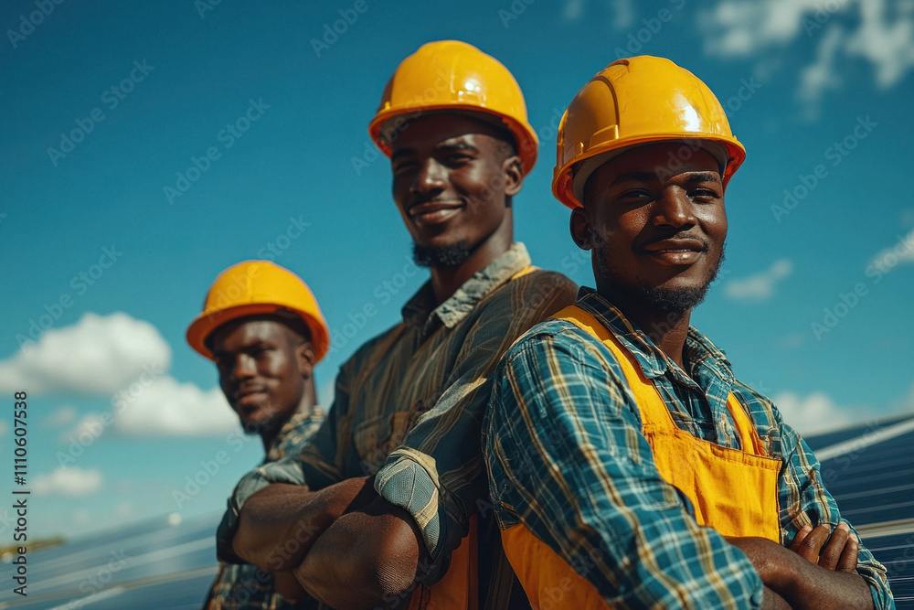 Group of confident young solar engineers standing together Group of confident young solar engineers standing together