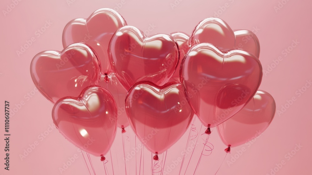 Pink heart-shaped balloons on a soft pink background, romantic celebration concept Pink heart-shaped balloons on a soft pink background, romantic celebration concept