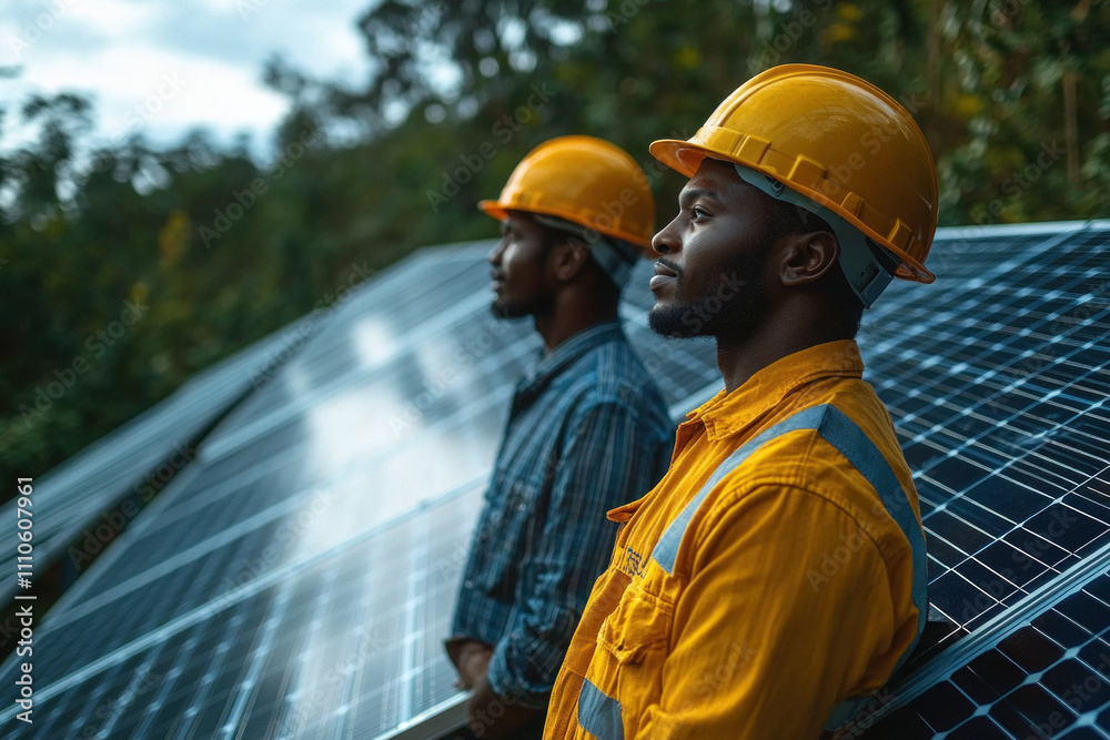 Two male workers inspecting solar panels in outdoor setting