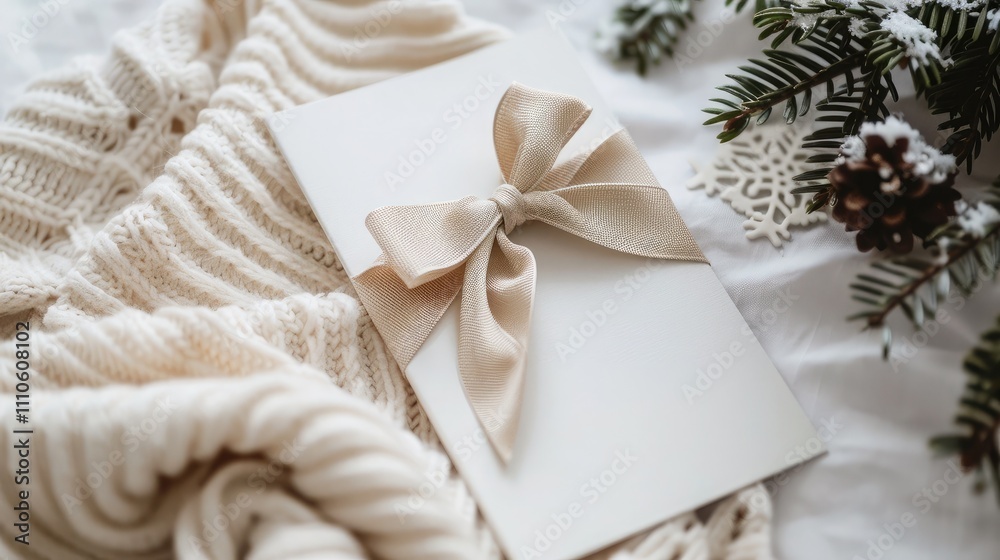 A minimalistic white Christmas card with a delicate ribbon bow, lying on a snowflake-patterned cloth A minimalistic white Christmas card with a delicate ribbon bow, lying on a snowflake-patterned cloth