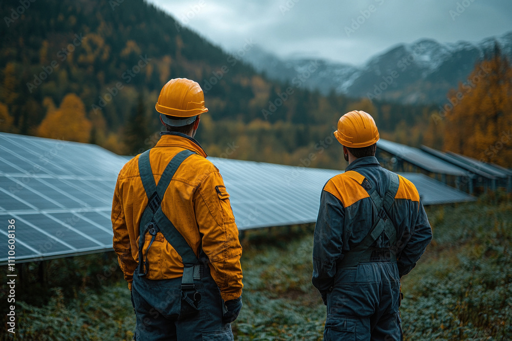 Engineers inspecting solar panels in scenic mountain landscape Engineers inspecting solar panels in scenic mountain landscape