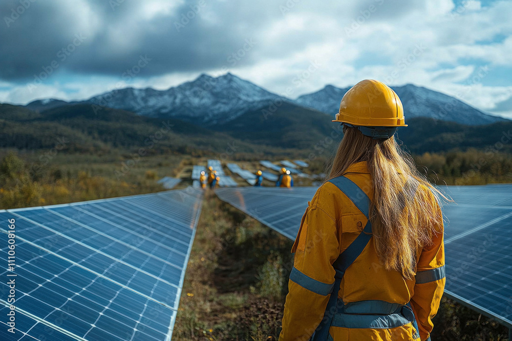 Female engineer working at solar panel field in mountains Female engineer working at solar panel field in mountains