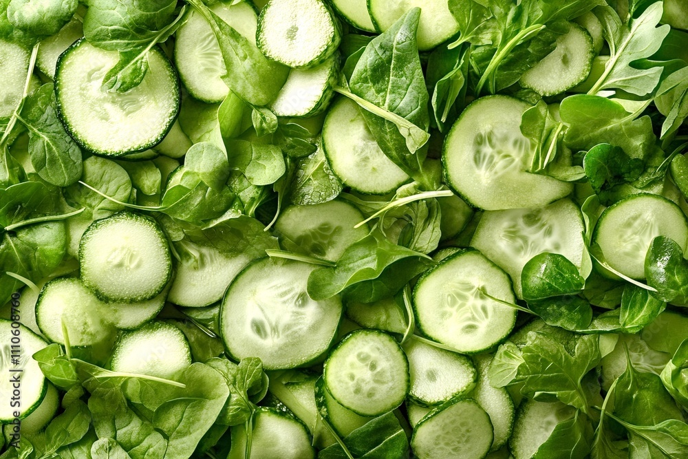 Sliced cucumbers and fresh arugula leaves are combined, creating a visually appealing salad with a vibrant green backdrop, perfect for healthy eating