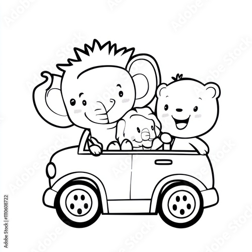 Here's a and keyword list for your image.. Happy elephant, bear, and baby in a car.