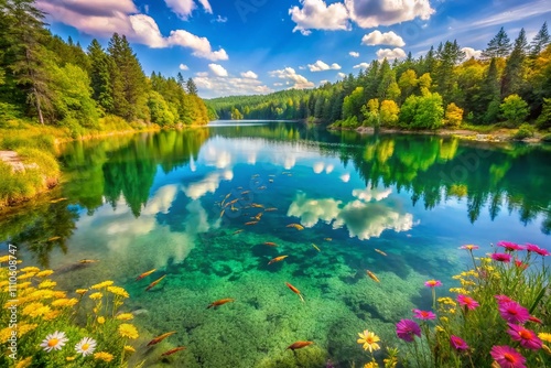 Aerial View of a Serene Lake with Bluegill Fish Swimming Beneath the Crystal-Clear Water Surrounded by Lush Greenery and Vibrant Wildflowers in a Picturesque Natural Setting