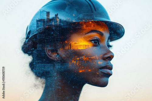 Double exposure of African American woman with power station photo