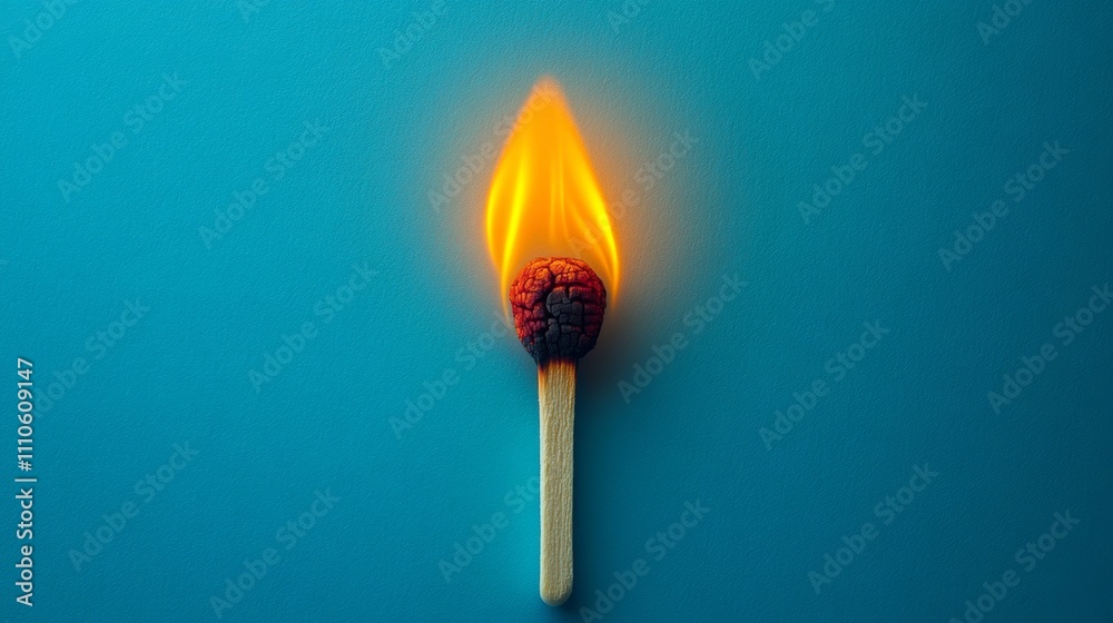 Single burning matchstick against a blue background, symbol of ignition and energy concept Single burning matchstick against a blue background, symbol of ignition and energy concept