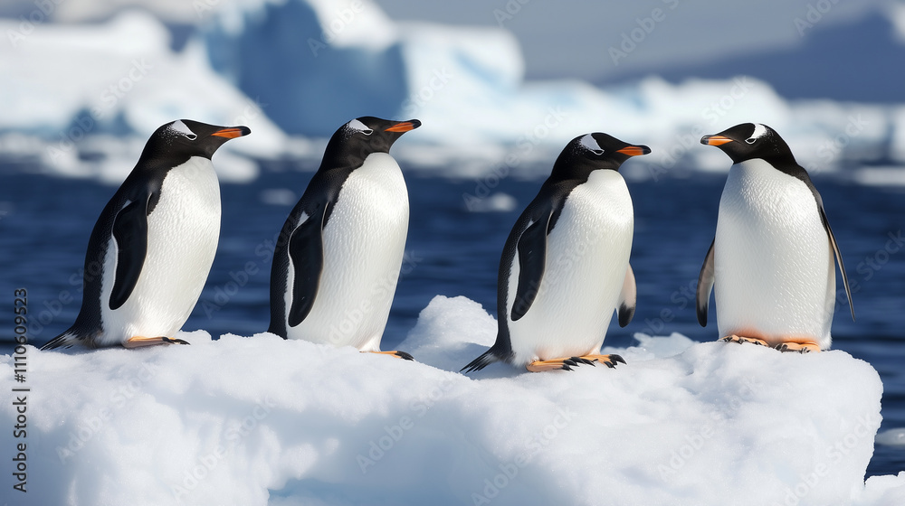 Fototapeta premium Gentoo penguins showcase their elegance on ice, amidst breathtaking icebergs in antarctica