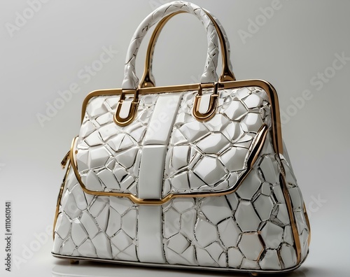 sophisticated white handbag featuring gold accents and a unique geometric texture photo