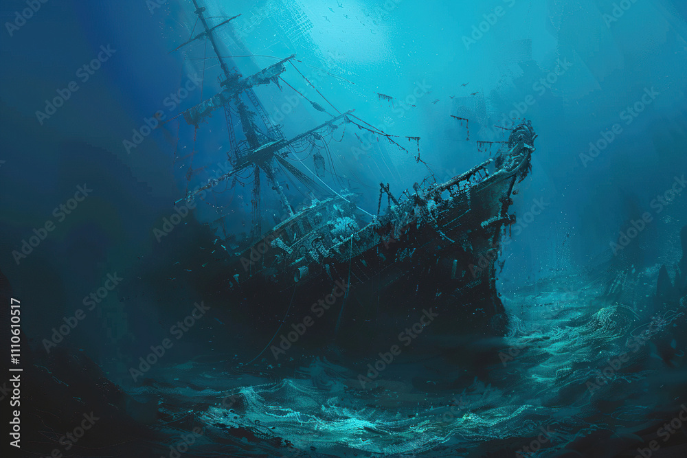 Underwater view of an sunken ship on seabed with fish swimming around Underwater view of an sunken ship on seabed with fish swimming around