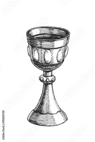 Vector hand-drawn illustration of medieval cup in engraving style. Black and white sketch of antique goblet isolated on white.
