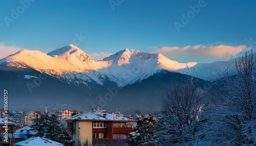 mt vihren behind malik kazan peak viewed from bansko town winter sunrise view of the snow covered peak in the morning photo