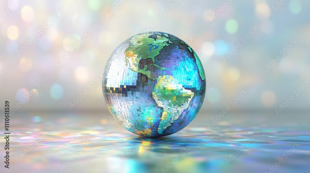 Digital mosaic earth globe with abstract holographic bokeh, colorful pixel art. futurism and global connectivity concept Digital mosaic earth globe with abstract holographic bokeh, colorful pixel art. futurism and global connectivity concept