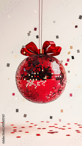 Red mirrored disco ball ornament with ribbon and confetti on white background, festive decoration concept photo