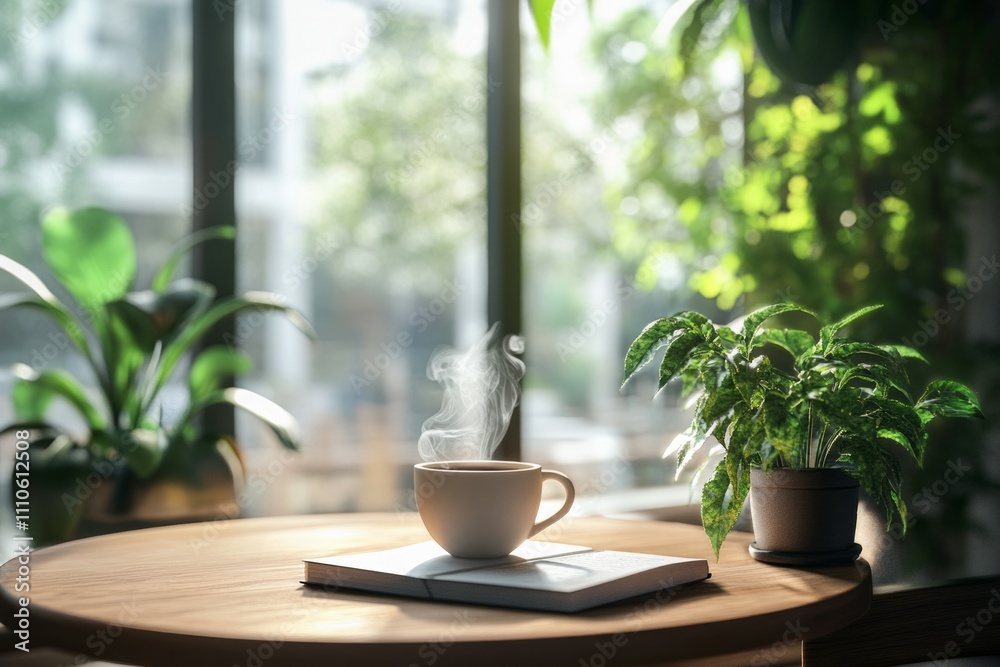 A modern, cozy cafe with warm, ambient lighting, wooden furniture, and minimalist design with cup of coffee A modern, cozy cafe with warm, ambient lighting, wooden furniture, and minimalist design with cup of coffee