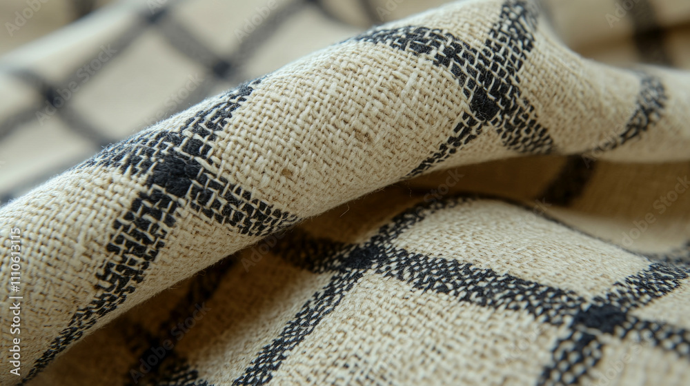 Close-up view of textured fabric with a classic check pattern, revealing intricate weaves and a blend of neutral tones and black accents Close-up view of textured fabric with a classic check pattern, revealing intricate weaves and a blend of neutral tones and black accents