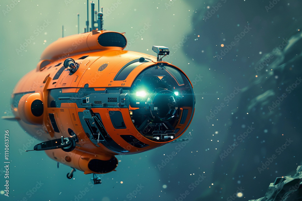 Beautiful large bathyscaphe floating in middle of ocean during exploration Beautiful large bathyscaphe floating in middle of ocean during exploration