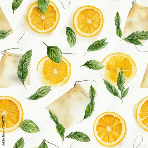 Watercolor Lemon and Mint Tea Pattern seamless, pattern, background, texture