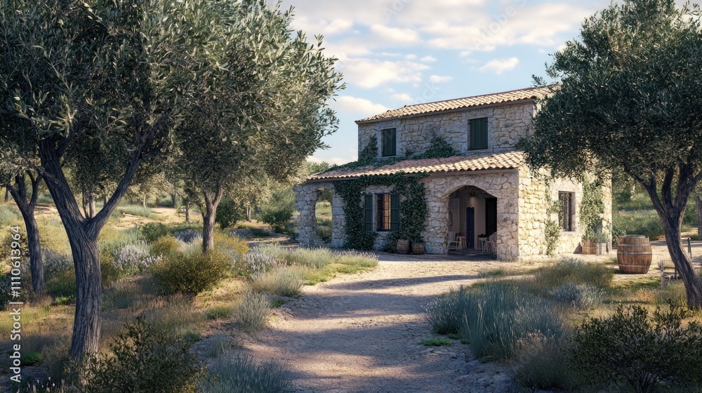 Rustic stone house nestled amongst olive trees and lavender, sunny day. Rustic stone house nestled amongst olive trees and lavender, sunny day.