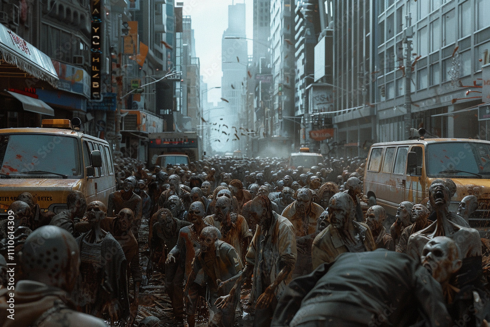Obraz premium Scary sinister zombie wandering in street with dramatic lighting