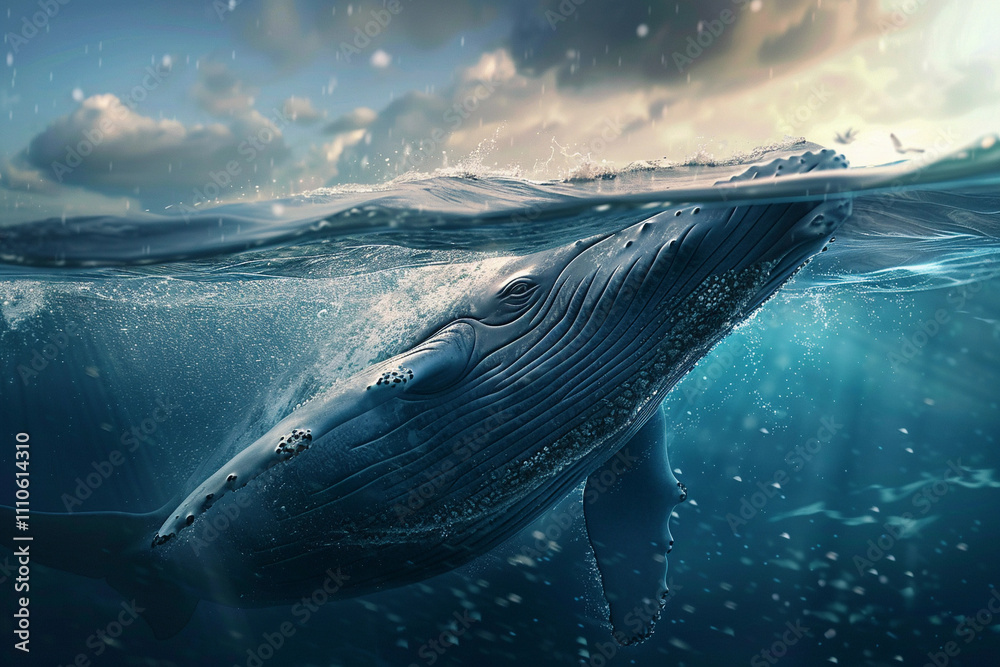 Fototapeta premium Fantastically beautiful majestic huge whale in blue ocean