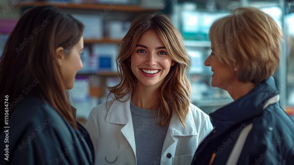 A young woman in a white lab coat smiles joyfully while engaged in conversation with two colleagues in a well-lit, contemporary office environment A young woman in a white lab coat smiles joyfully while engaged in conversation with two colleagues in a well-lit, contemporary office environment