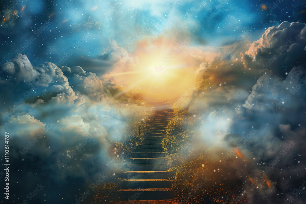 Fantastically staircase leading to cloudy deep sky at natural light Fantastically staircase leading to cloudy deep sky at natural light
