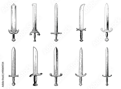 Hand-drawn of Ten Unique Sword Designs