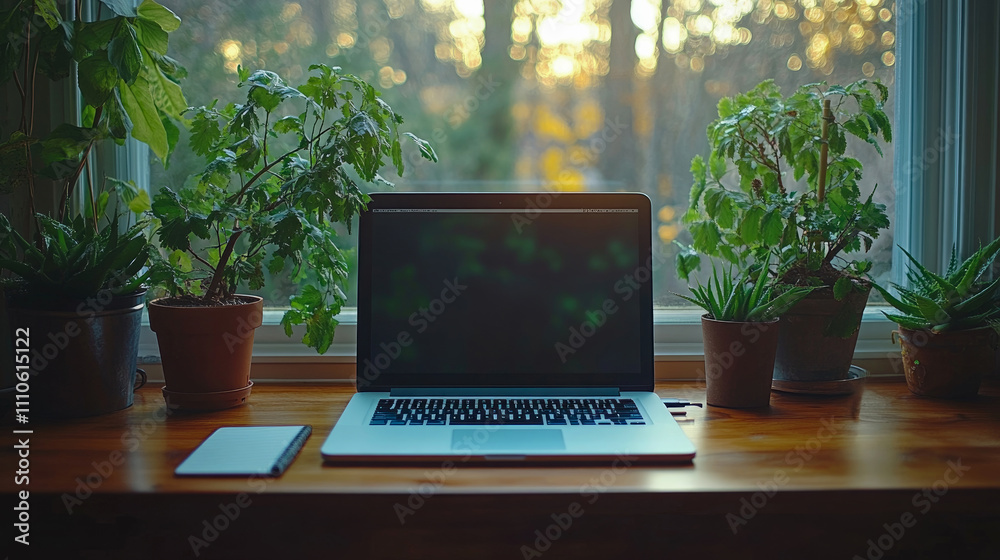 A well-organized workspace features a laptop and smartphone among lush indoor plants, illuminated by warm sunset light through the window