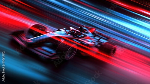 A hazy picture of an automobile with blue and red lines. idea of motion and speed, as though the vehicle is racing or traveling at a tremendous speed