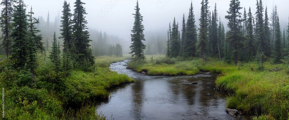 Obraz premium Misty forest stream flowing through lush greenery.
