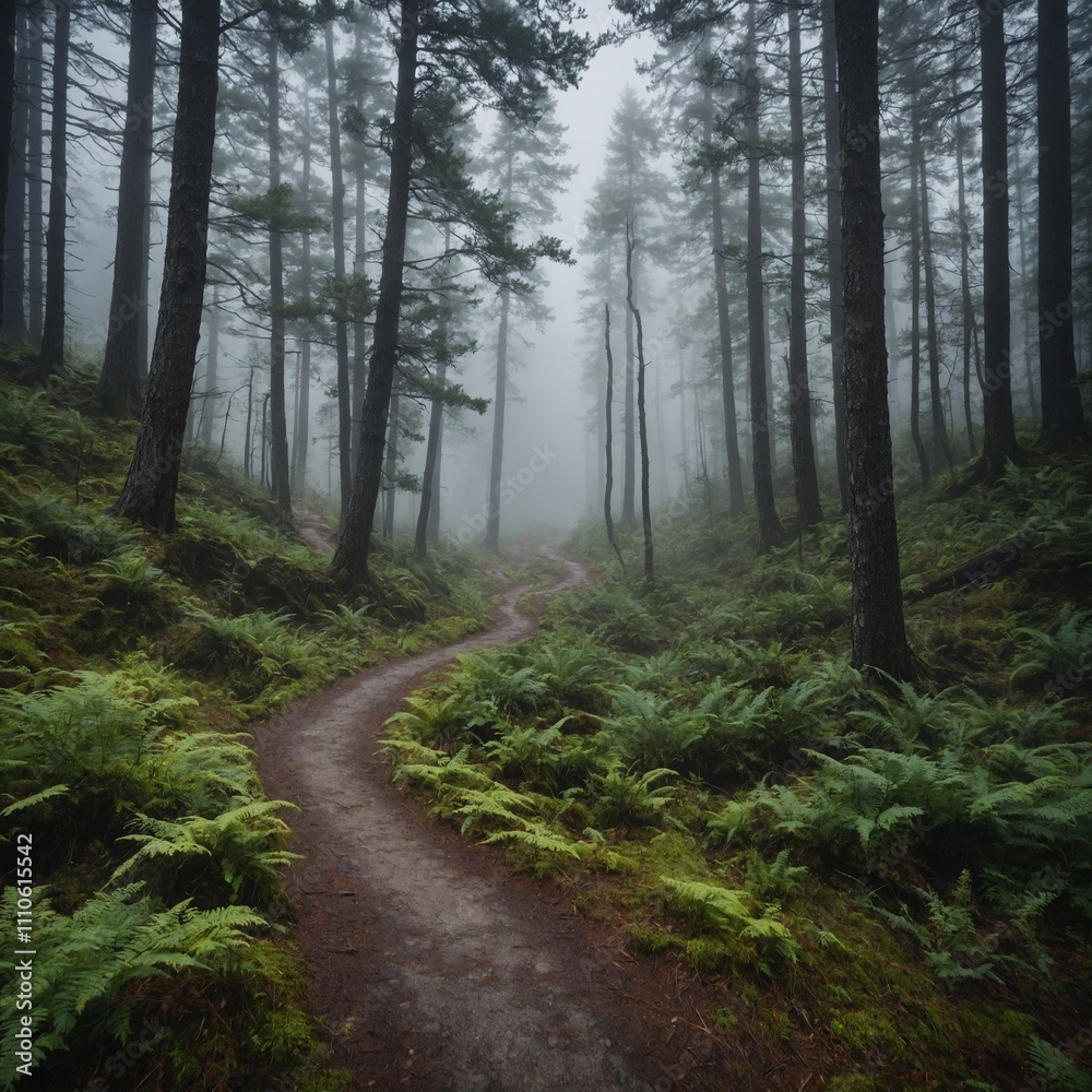 Fototapeta premium A winding trail leading through a forest, disappearing into fog-covered mountains.